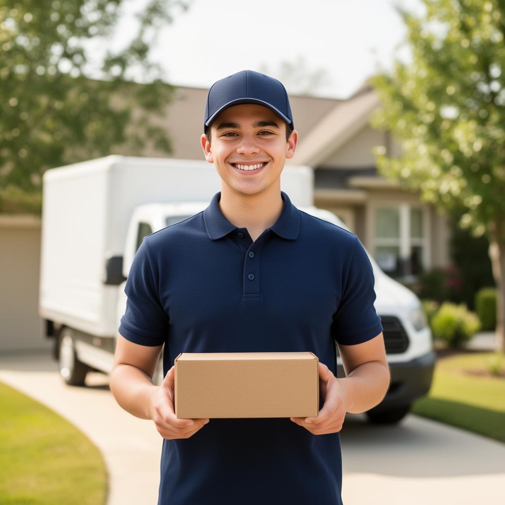 MyPickupBuddy driver smiling, holding a package in front of a delivery van